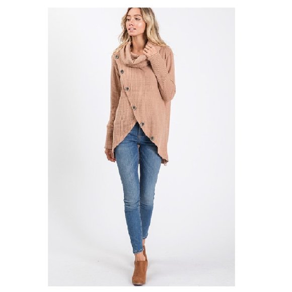 NWT BLACK Long Sleeve Waffle Turtle Neck W/Buttons - Picture 4 of 4